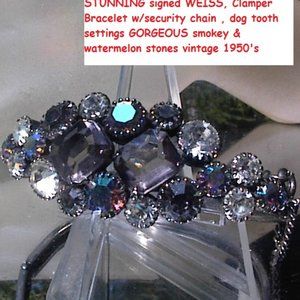 GORGEOUS Signed WEISS RHINESTONE Clamper BRACELET ~ Multi color Stones & COLORS